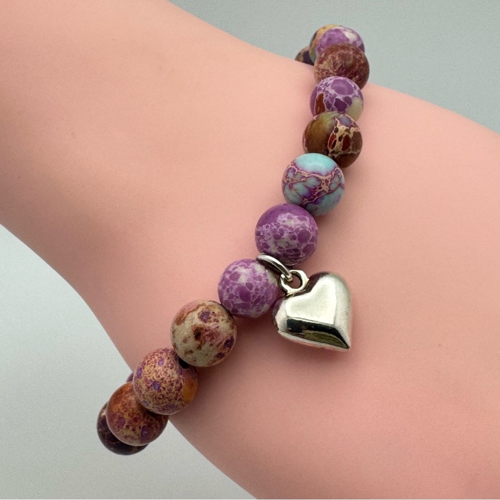 Calsilica Stone Stretch Bracelet Purple Turquoise Jasper Beads Heart Charm 6.5”